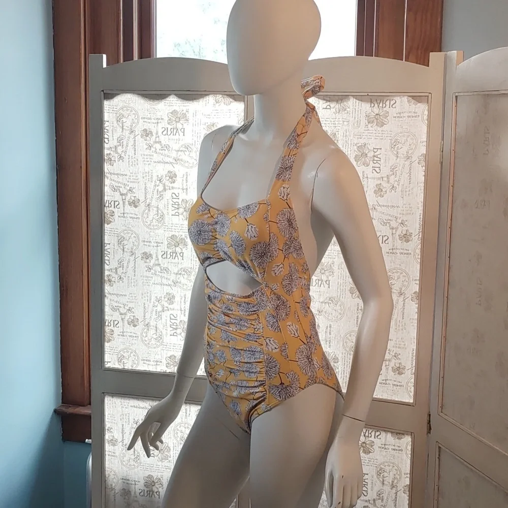 Cupshe Dandelion Love Print yellow Halter one piece swimsuit S - Picture 3 of 7